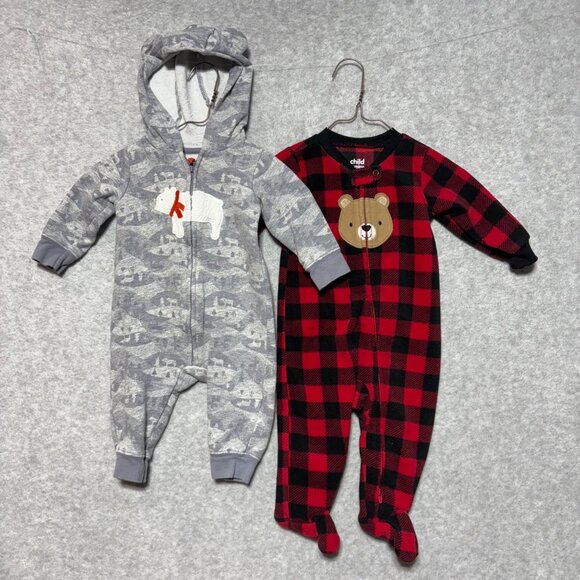 Carter's Baby 3-6M Lot of 2 Fleece Zip-Up 1-Piece Red Gray Bear Pajama Jumpsuit - Picture 1 of 7